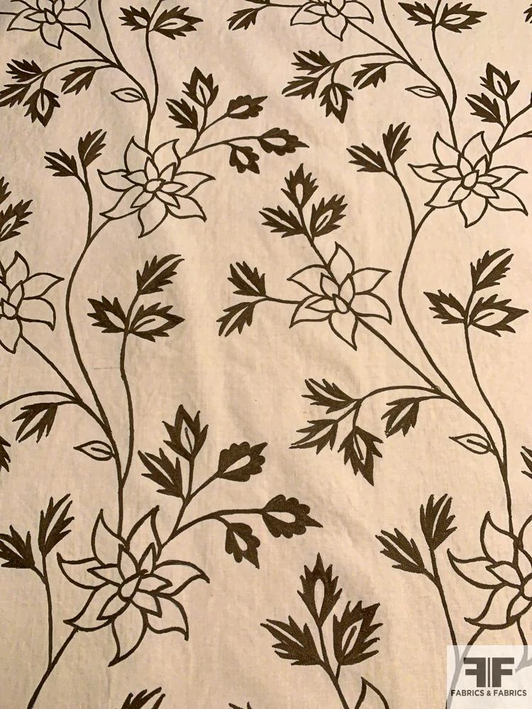 Floral Embroidered Cotton Canvas - Cream / Brown 4 Floral Embroidered Cotton Canvas - Cream / Brown - Image 2