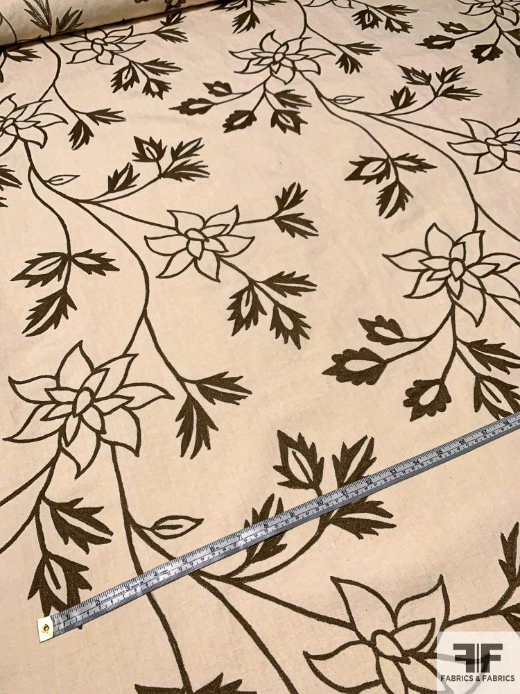 Floral Embroidered Cotton Canvas - Cream / Brown 10 Floral Embroidered Cotton Canvas - Cream / Brown - Image 8