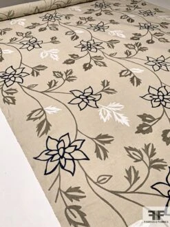 Floral Embroidered Cotton Canvas - Sand / Grey / Navy -Fabrics And Fabrics Store 9387 2