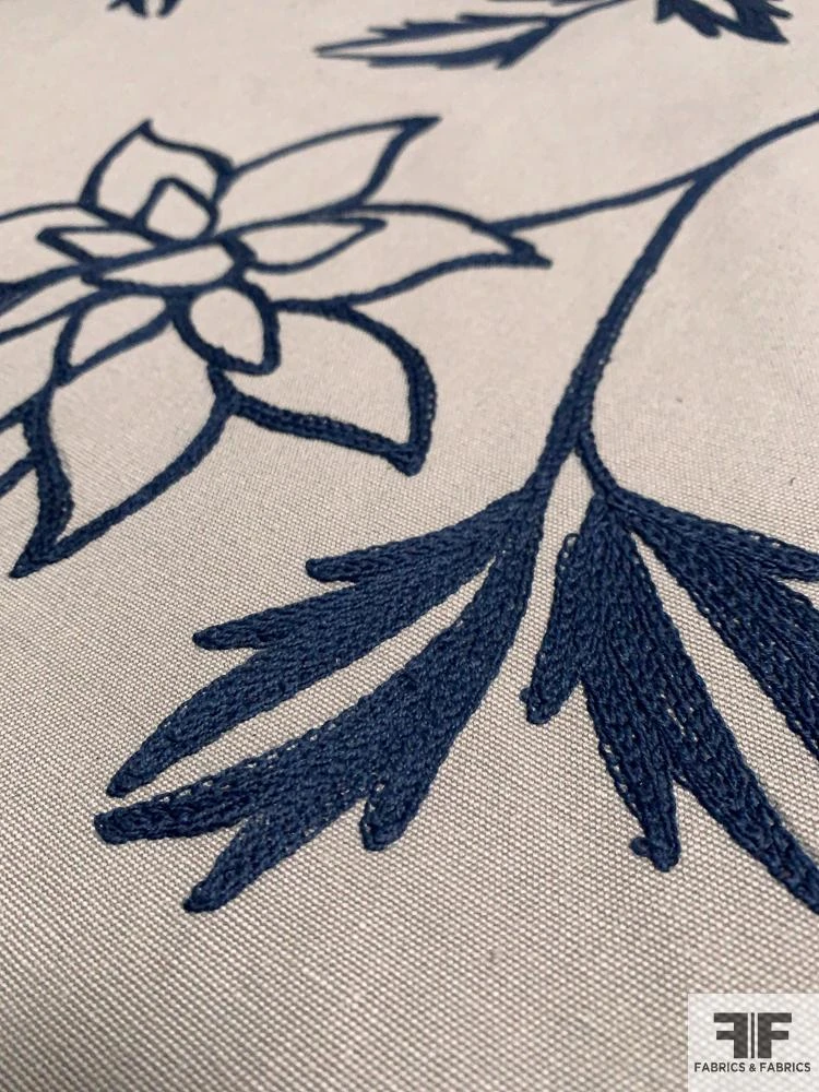 Floral Embroidered Cotton Canvas - Grey / Navy 4 Floral Embroidered Cotton Canvas - Grey / Navy - Image 2