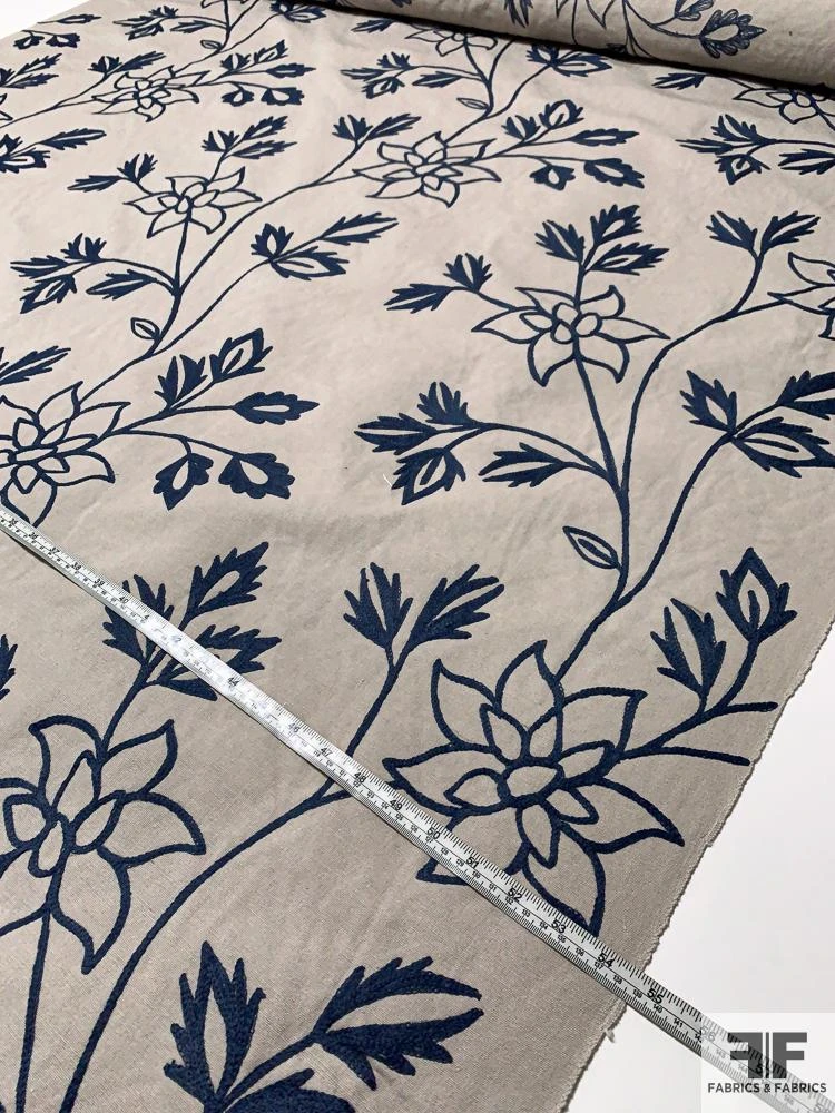 Floral Embroidered Cotton Canvas - Grey / Navy 7 Floral Embroidered Cotton Canvas - Grey / Navy - Image 5
