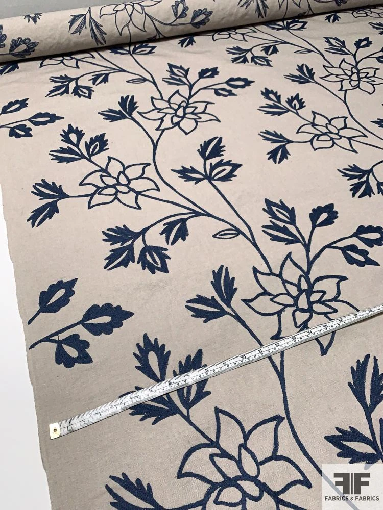 Floral Embroidered Cotton Canvas - Grey / Navy 8 Floral Embroidered Cotton Canvas - Grey / Navy - Image 6
