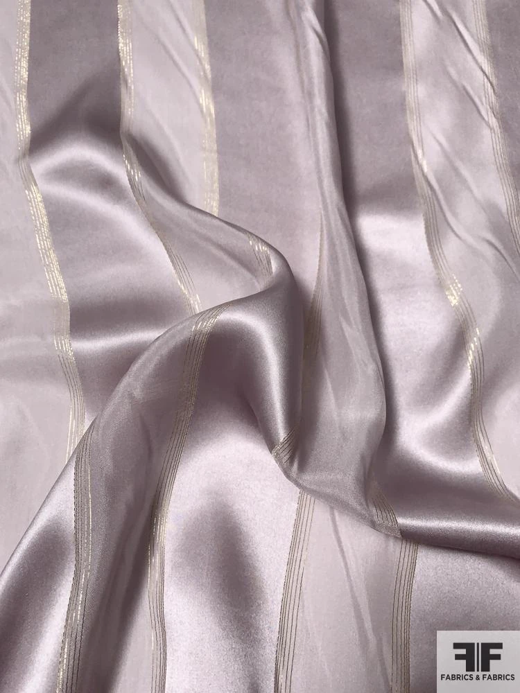 Satin Striped Silk Chiffon With Fine Gold Lurex Stripes - Dusty Purple / Gold 3 Satin Striped Silk Chiffon With Fine Gold Lurex Stripes - Dusty Purple / Gold