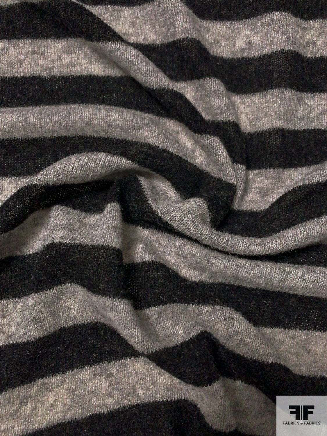 Italian Horizontal Striped Lightweight Wool Sweater Knit - Heather Black / Heather Grey 3 Italian Horizontal Striped Lightweight Wool Sweater Knit - Heather Black / Heather Grey