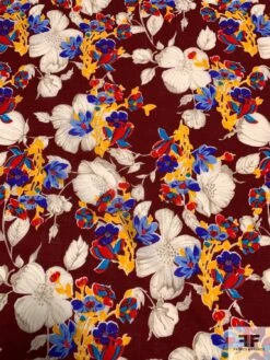 Vibrant Floral Printed Wool Challis - Maroon / Ivory / Tangerine Yellow / Blues