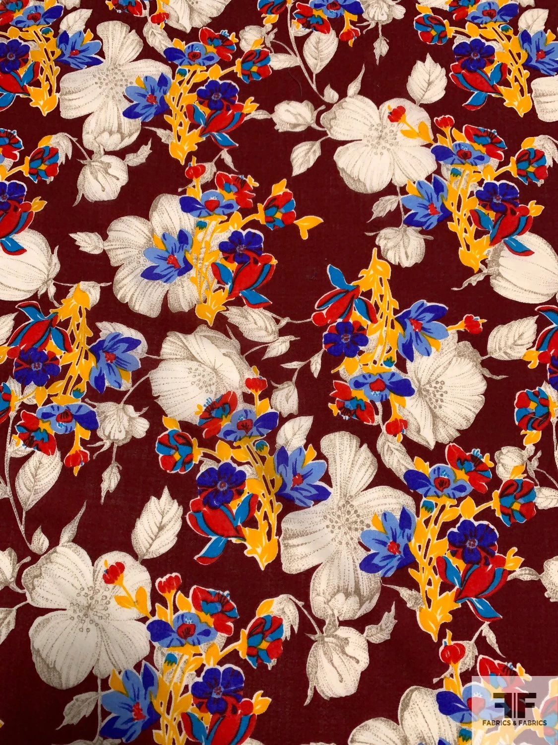 Vibrant Floral Printed Wool Challis - Maroon / Ivory / Tangerine Yellow / Blues 3 Vibrant Floral Printed Wool Challis - Maroon / Ivory / Tangerine Yellow / Blues