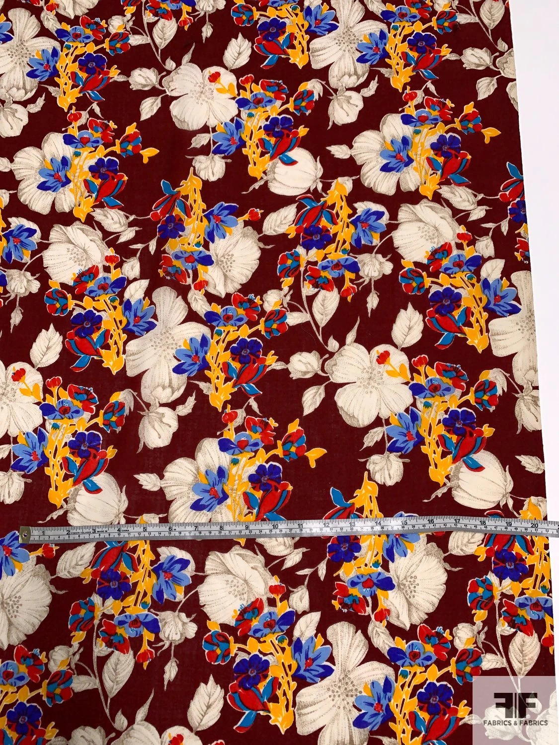 Vibrant Floral Printed Wool Challis - Maroon / Ivory / Tangerine Yellow / Blues 8 Vibrant Floral Printed Wool Challis - Maroon / Ivory / Tangerine Yellow / Blues - Image 6