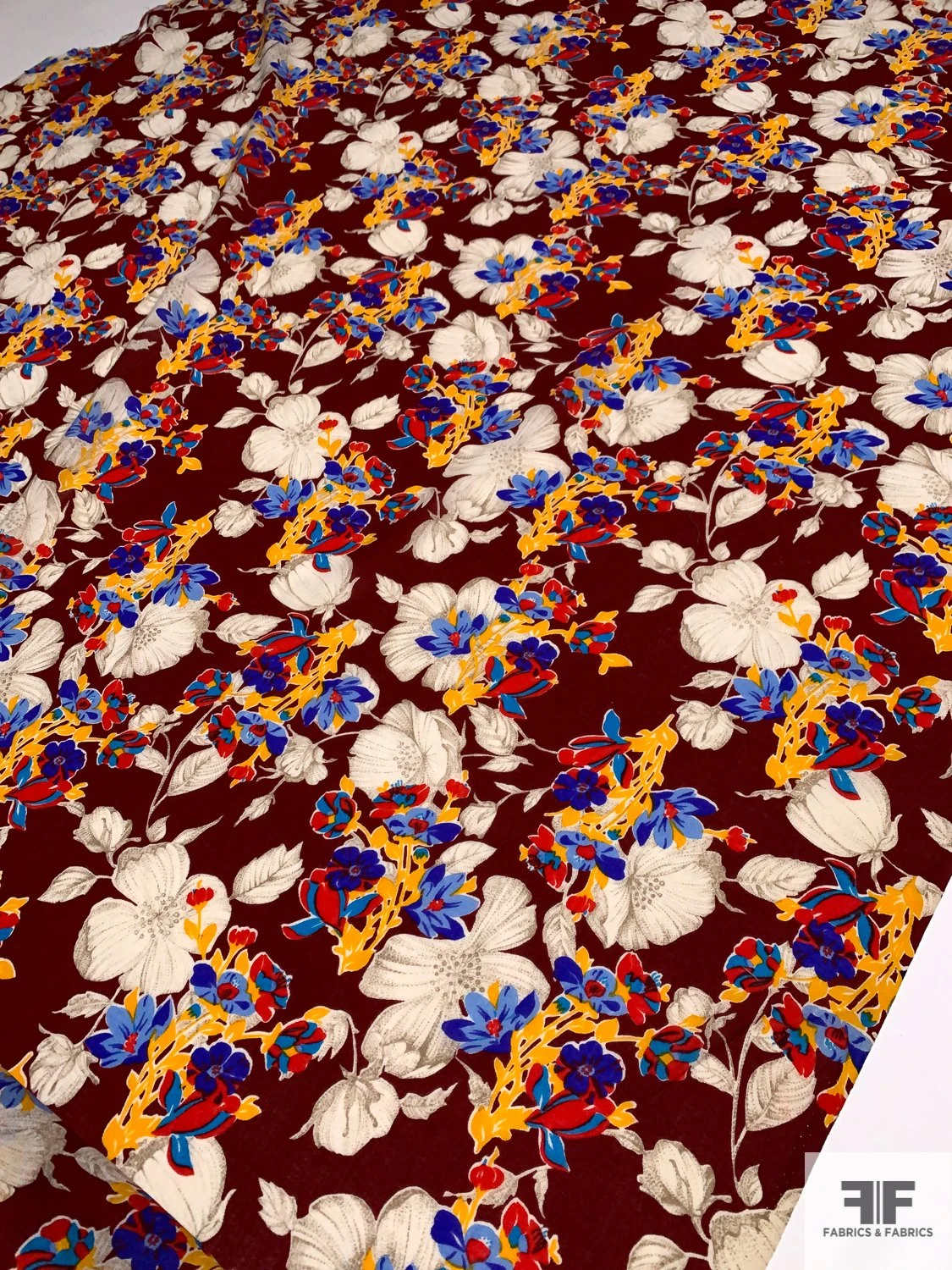 Vibrant Floral Printed Wool Challis - Maroon / Ivory / Tangerine Yellow / Blues 9 Vibrant Floral Printed Wool Challis - Maroon / Ivory / Tangerine Yellow / Blues - Image 7