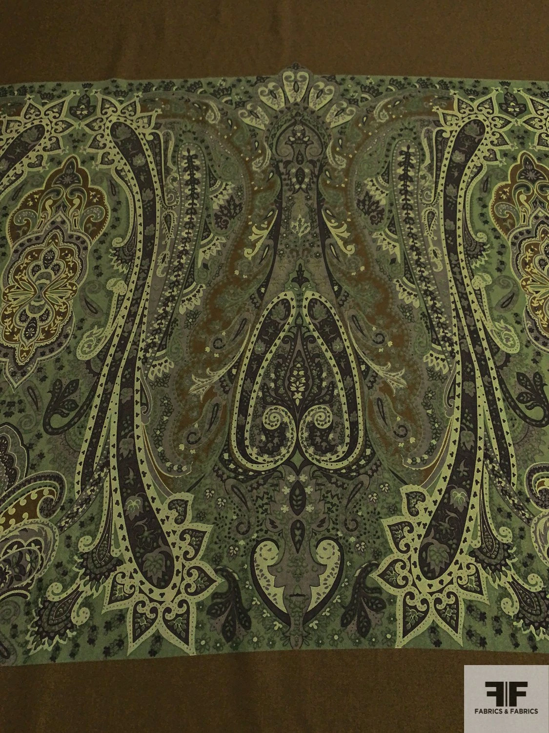 Italian Paisley Printed Fine Wool Gabardine Panel - Khaki Brown / Pear Green / Shades Of Green 6 Italian Paisley Printed Fine Wool Gabardine Panel - Khaki Brown / Pear Green / Shades Of Green - Image 4