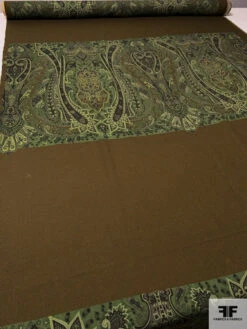 Italian Paisley Printed Fine Wool Gabardine Panel - Khaki Brown / Pear Green / Shades Of Green