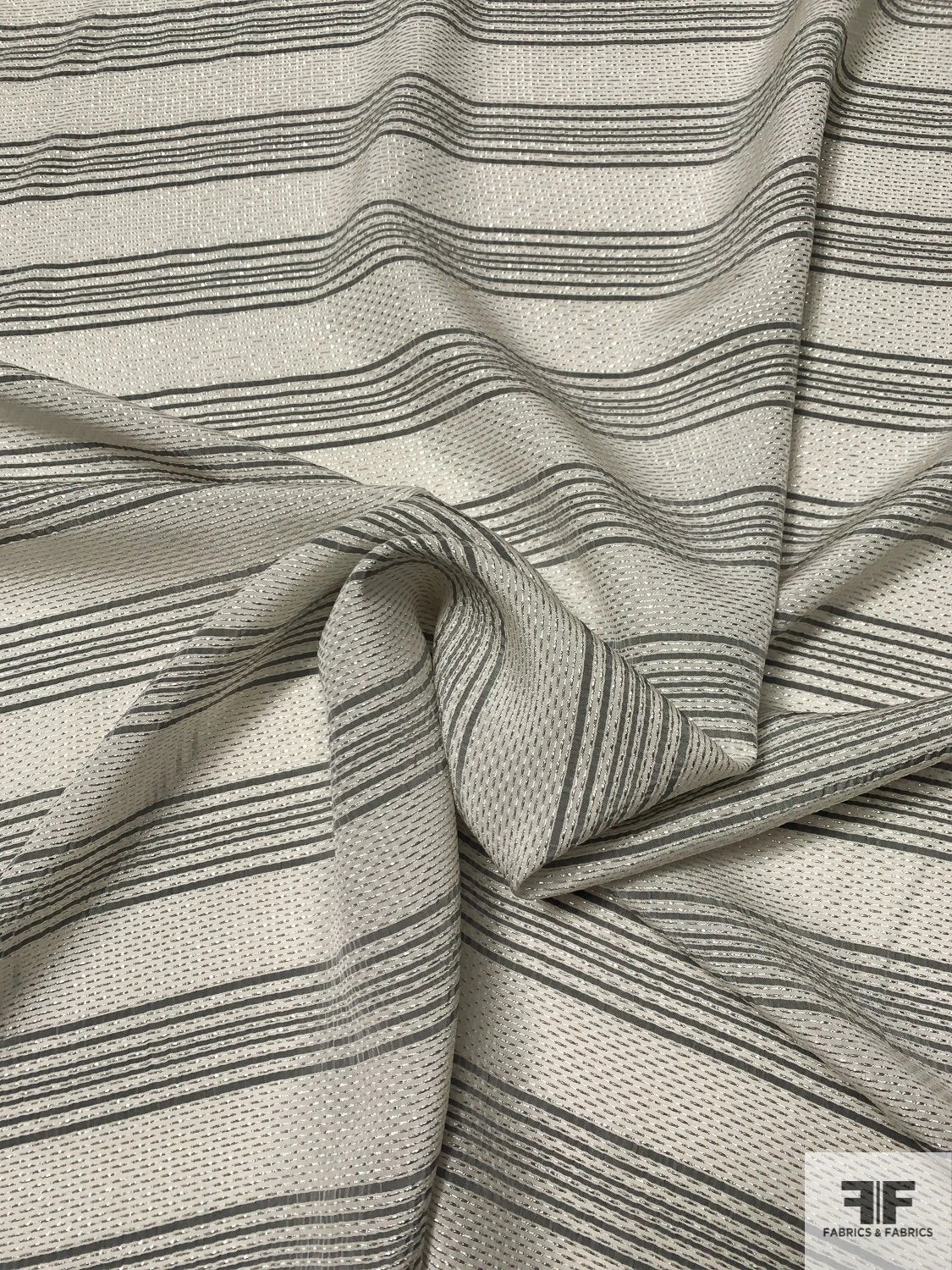 Made In France Horizontal Striped Textured Silk Poly Blend - Off-White / Grey / Silver 5 Made In France Horizontal Striped Textured Silk Poly Blend - Off-White / Grey / Silver - Image 3