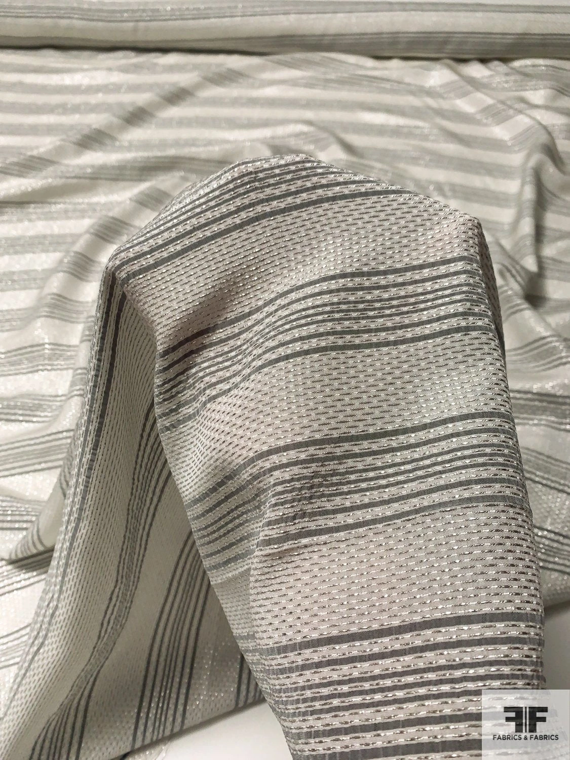 Made In France Horizontal Striped Textured Silk Poly Blend - Off-White / Grey / Silver 8 Made In France Horizontal Striped Textured Silk Poly Blend - Off-White / Grey / Silver - Image 6