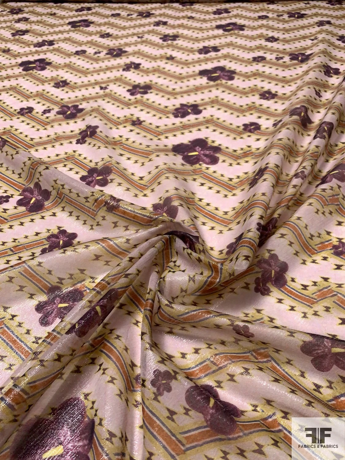 Italian Zig Zag Floral Printed Chiffon Lamé - Light Lavender / Plum Purple / Rust 3 Italian Zig Zag Floral Printed Chiffon Lamé - Light Lavender / Plum Purple / Rust
