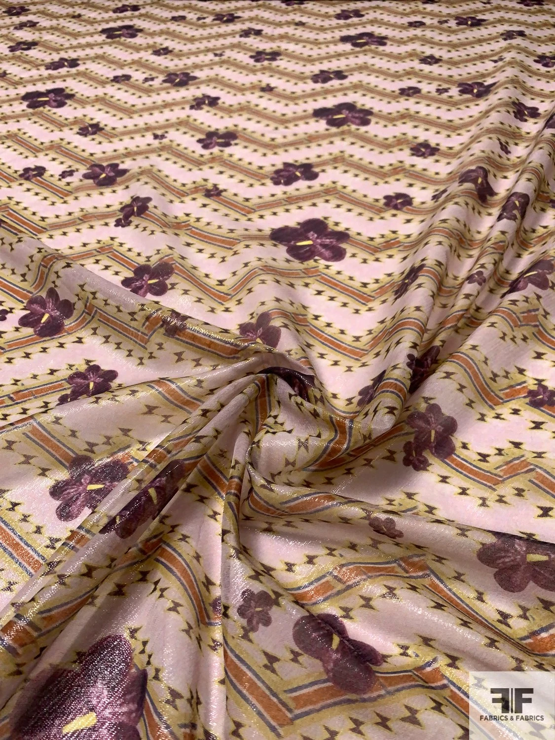 Italian Zig Zag Floral Printed Chiffon Lamé - Light Lavender / Plum Purple / Rust 5 Italian Zig Zag Floral Printed Chiffon Lamé - Light Lavender / Plum Purple / Rust - Image 3