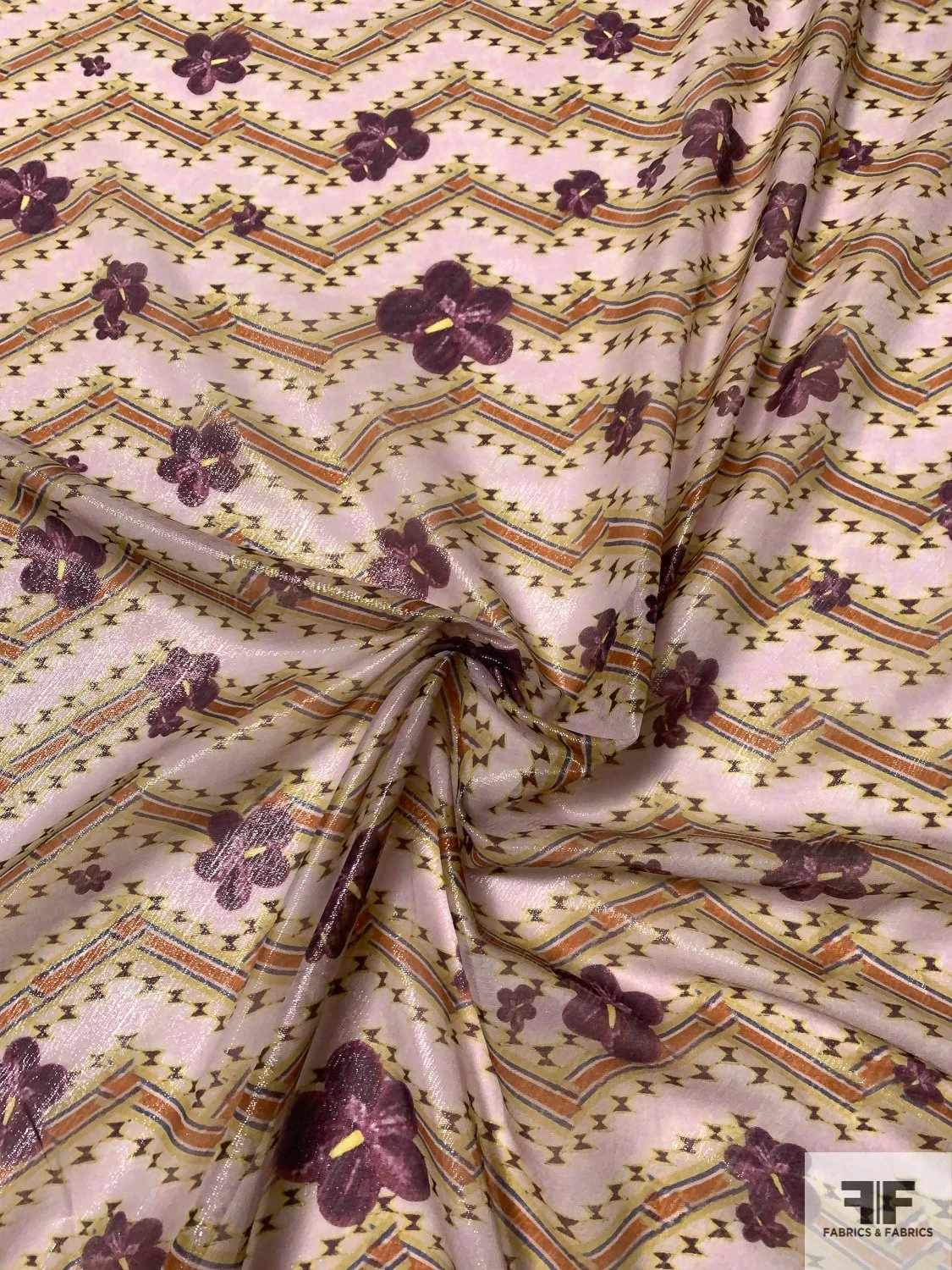 Italian Zig Zag Floral Printed Chiffon Lamé - Light Lavender / Plum Purple / Rust 6 Italian Zig Zag Floral Printed Chiffon Lamé - Light Lavender / Plum Purple / Rust - Image 4