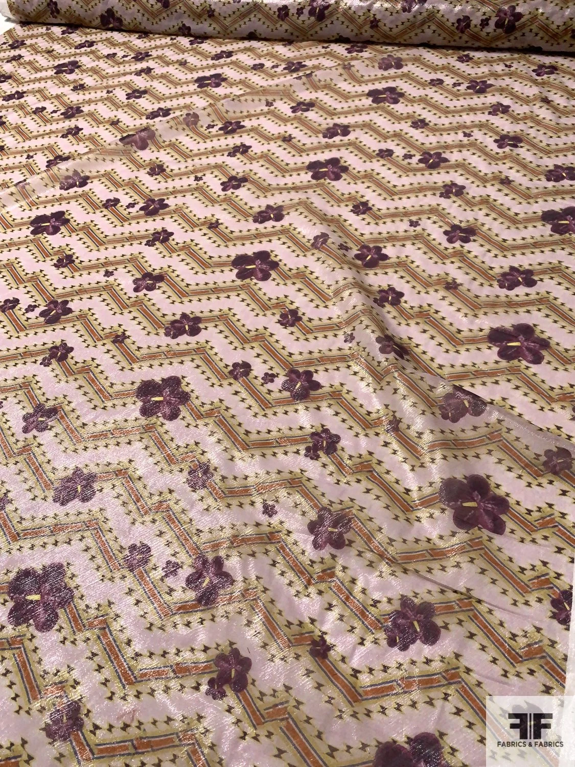 Italian Zig Zag Floral Printed Chiffon Lamé - Light Lavender / Plum Purple / Rust 7 Italian Zig Zag Floral Printed Chiffon Lamé - Light Lavender / Plum Purple / Rust - Image 5