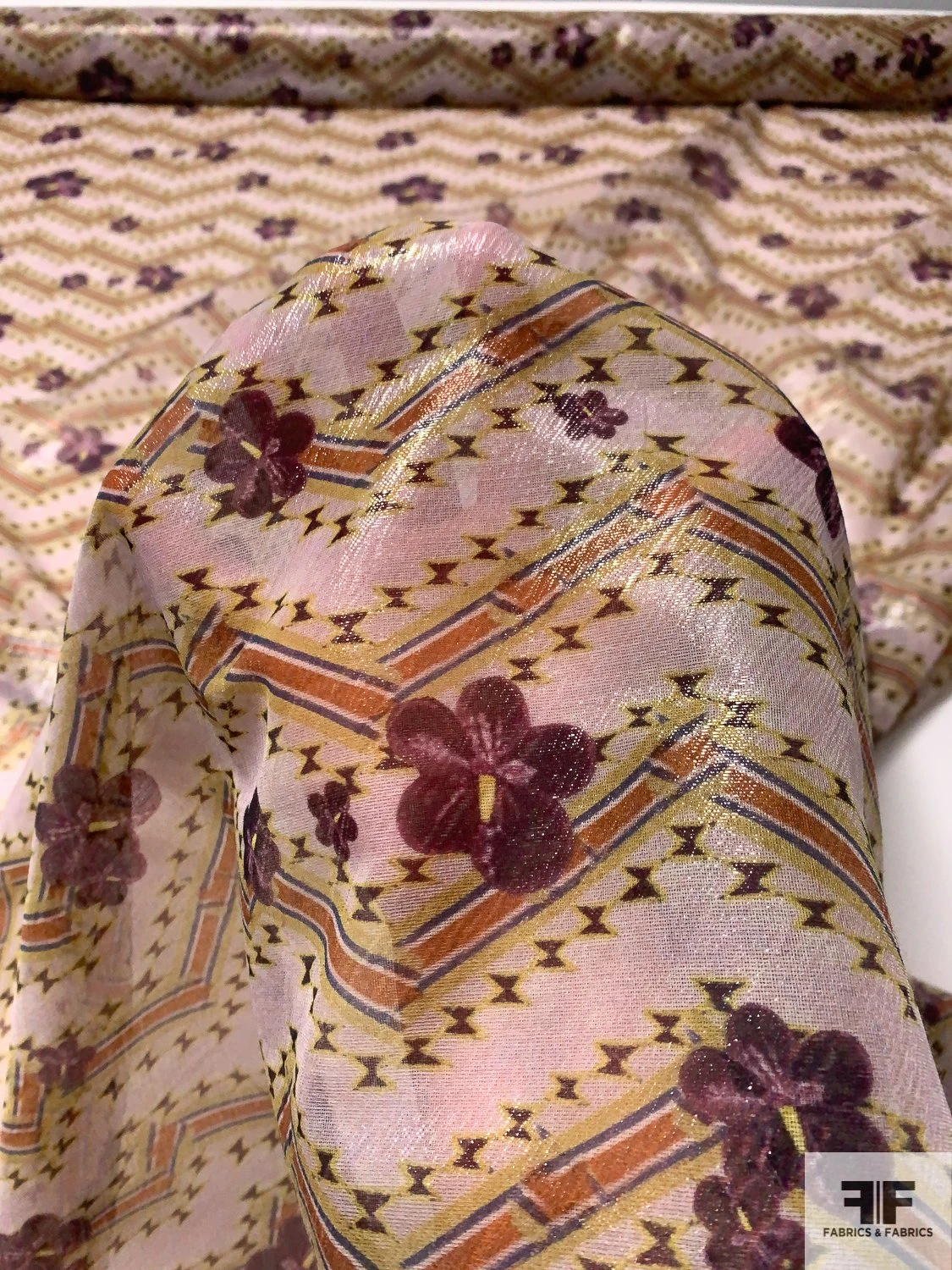 Italian Zig Zag Floral Printed Chiffon Lamé - Light Lavender / Plum Purple / Rust 4 Italian Zig Zag Floral Printed Chiffon Lamé - Light Lavender / Plum Purple / Rust - Image 2