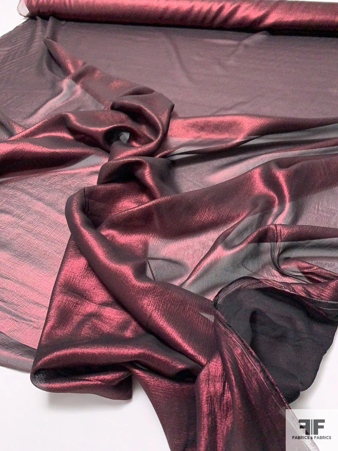 Italian Crinkled Silk Chiffon With Metallic Foil Print - Lustrous Merlot / Black 3 Italian Crinkled Silk Chiffon With Metallic Foil Print - Lustrous Merlot / Black