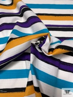 Horizontal Striped Textured Stretch Cotton Pique - Purple / White / Turquoise / Turmeric