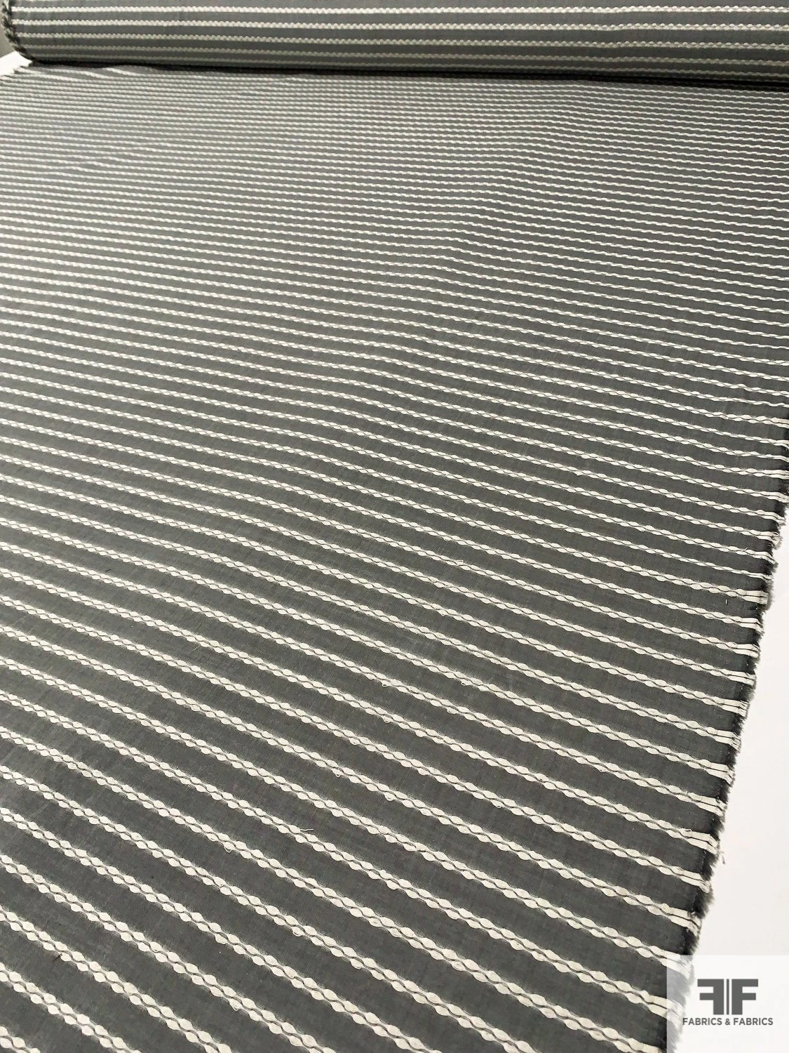 Novelty Cotton Shirting With Horizontal Braid Stripes - Slate Grey / Ivory 8 Novelty Cotton Shirting With Horizontal Braid Stripes - Slate Grey / Ivory - Image 6