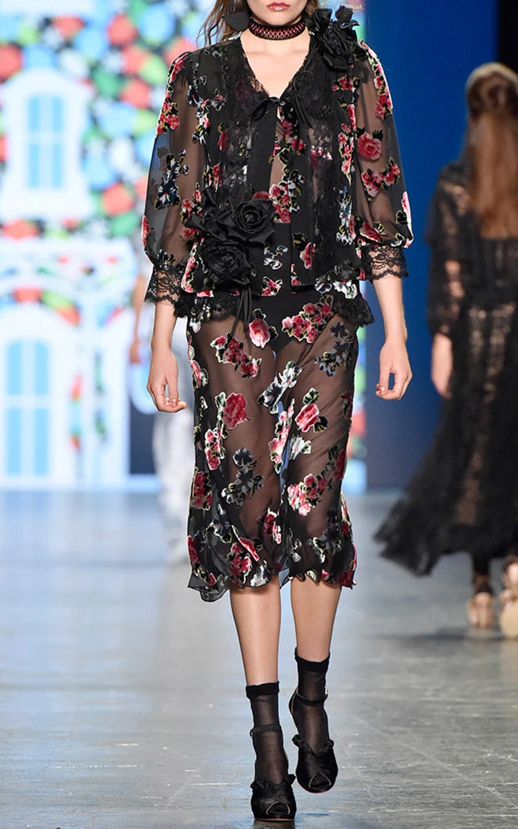 Anna Sui Rose Floral Cut Silk Velvet - Black/Pink/Green 2 Anna Sui Rose Floral Cut Silk Velvet - Black/Pink/Green